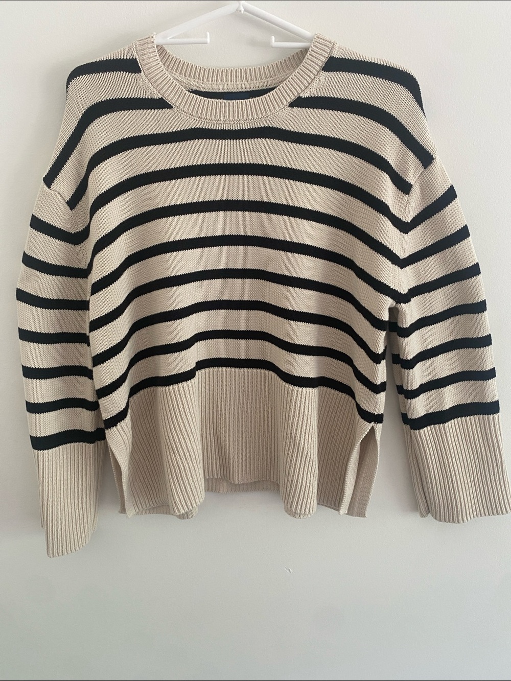 GAP Crew Neck Cotton Nautical Split Hem Striped Sweater Pullover Black Cream M